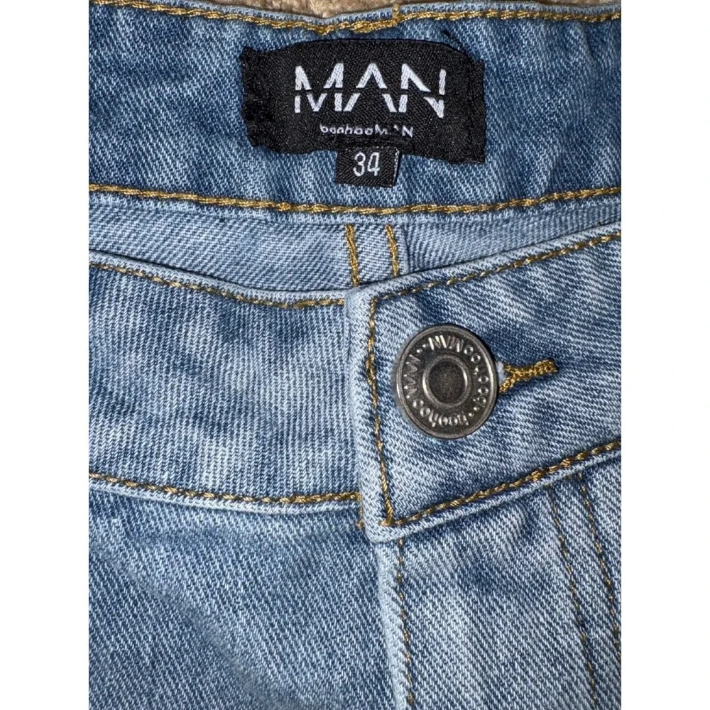 New‎ York Graphic boohooMAN Jeans Mens 34R Blue Distressed Ripped Straight Leg